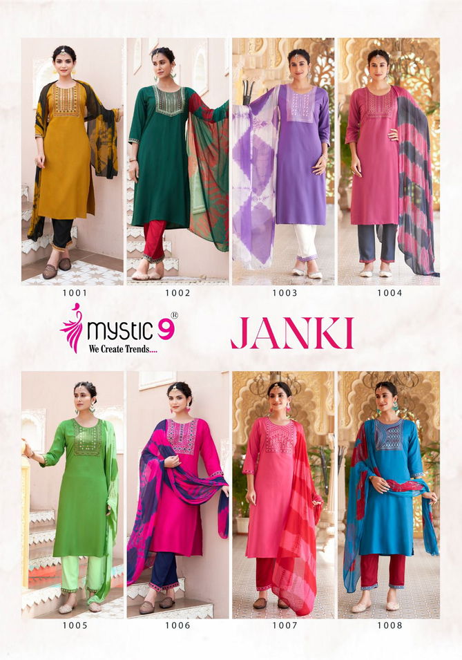 Janki Vol 1 By Mystic 9 Rayon Embroidery Kurti With Bottom Dupatta Wholesale Shop In Surat